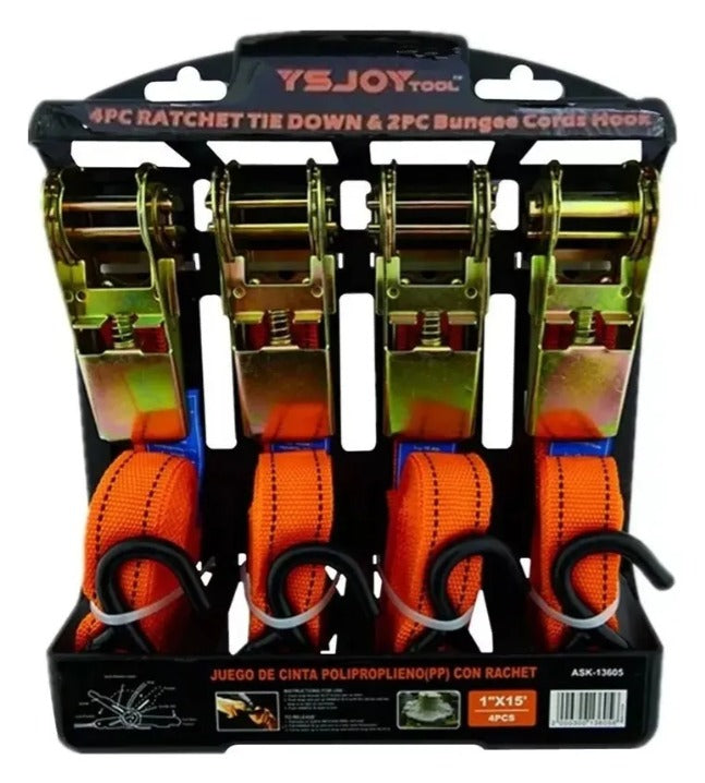 Set 4 Cintas de Amarre con Ratchet y Ganchos – 500 kg