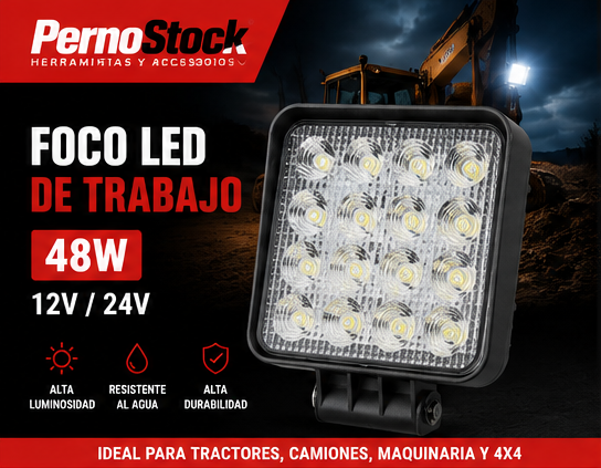 Foco LED de Trabajo Cuadrado 48W 16 LED 12V/24V para Tractor, Camión y Maquinaria