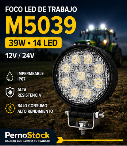 Foco LED de Trabajo Redondo M5039 12V/24V para Tractor, Camión y Maquinaria
