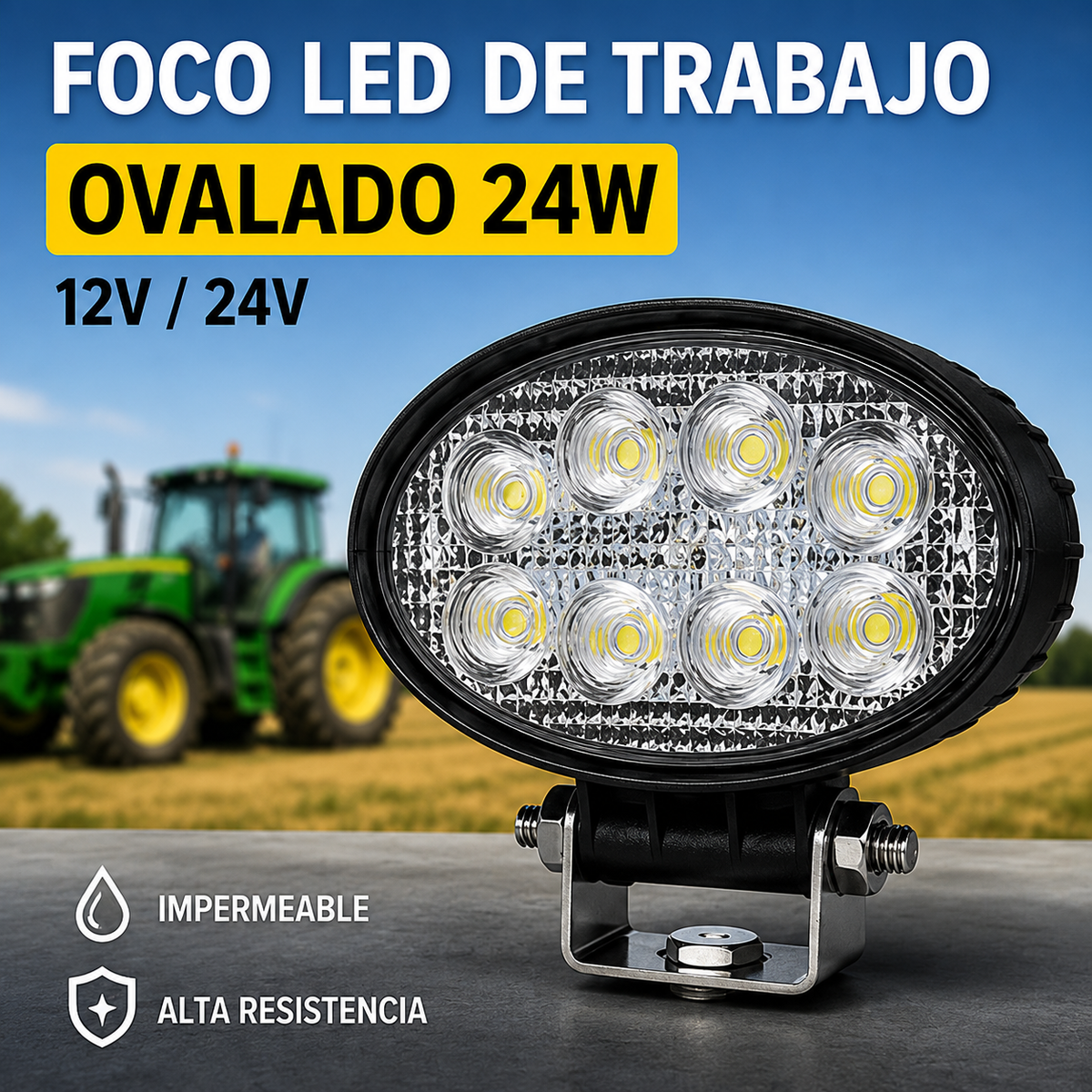Foco LED de Trabajo Ovalado 24W 8 LED 12V/24V para Tractor, Camión y Maquinaria
