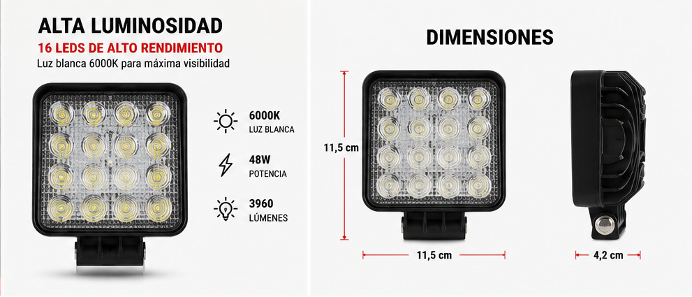 Foco LED de Trabajo Cuadrado 48W 16 LED 12V/24V para Tractor, Camión y Maquinaria