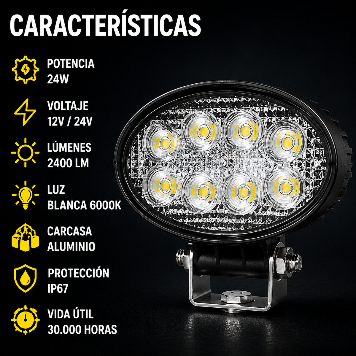 Foco LED de Trabajo Ovalado 24W 8 LED 12V/24V para Tractor, Camión y Maquinaria
