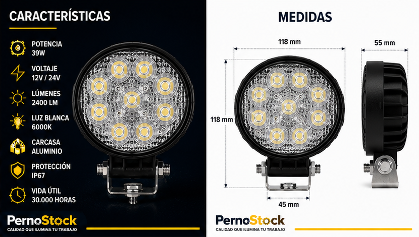 Foco LED de Trabajo Redondo M5039 12V/24V para Tractor, Camión y Maquinaria