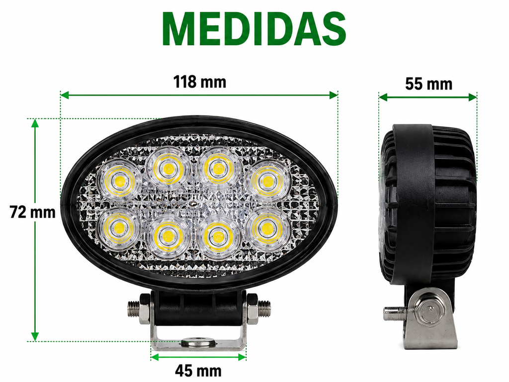 Foco LED de Trabajo Ovalado 24W 8 LED 12V/24V para Tractor, Camión y Maquinaria