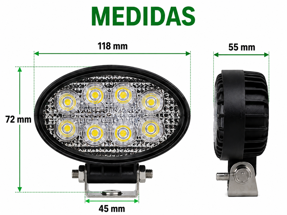 Foco LED de Trabajo Ovalado 24W 8 LED 12V/24V para Tractor, Camión y Maquinaria