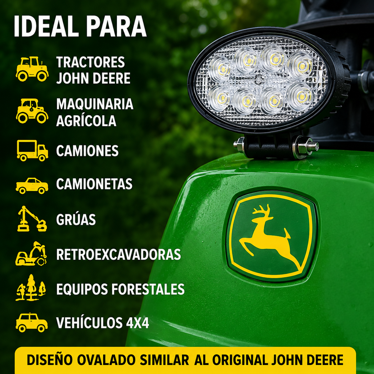 Foco LED de Trabajo Ovalado 24W 8 LED 12V/24V para Tractor, Camión y Maquinaria
