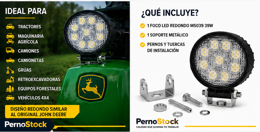 Foco LED de Trabajo Redondo M5039 12V/24V para Tractor, Camión y Maquinaria
