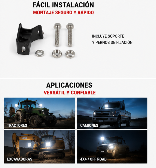 Foco LED de Trabajo Cuadrado 48W 16 LED 12V/24V para Tractor, Camión y Maquinaria